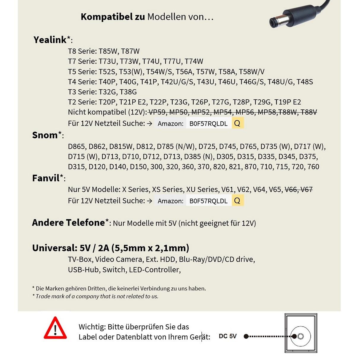 GEQUDIO Netzteil 5V / 2A kompatibel für Yealink T85W T87W T73U T73W T74U T77U T74W T54W, Snom, Fanvil, IP Telefone - Schmaler Adapter energiesparend - Universal Ladegerät mit Hohlstecker - 1er Pack