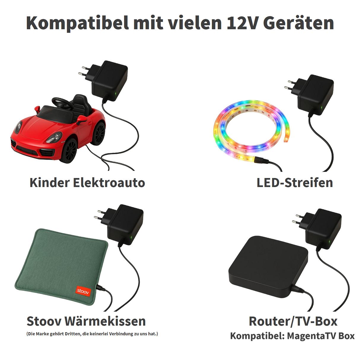 GEQUDIO 12V 2A Netzteil Ladegerät für Kinder Elektroauto – Universal Adapter für LED-Streifen, Stoov Wärmekissen, Kamera, Router, Magenta TV Box – 100–240V Netzadapter 5,5x2,1mm 5,5x2,5mm