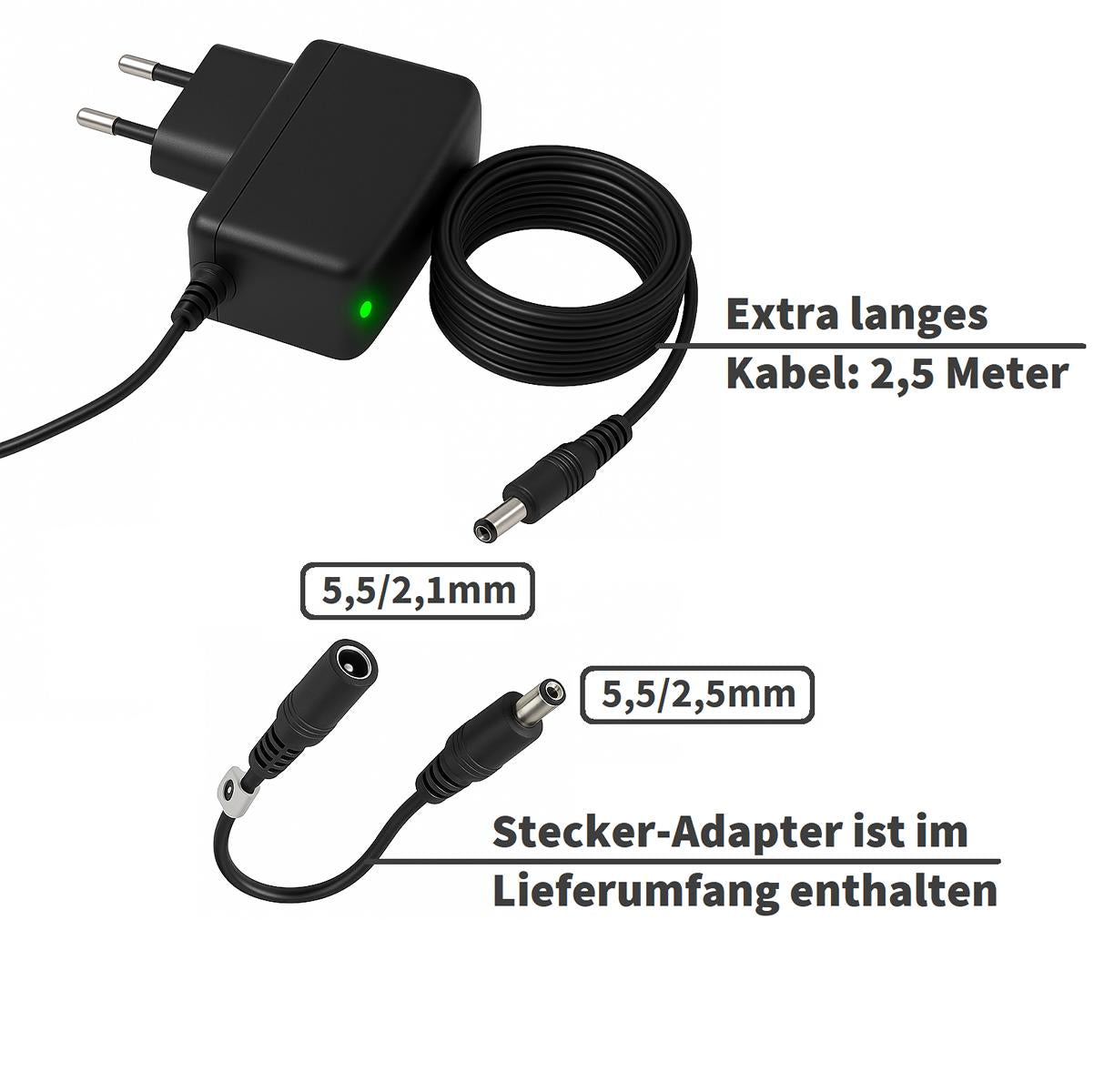 GEQUDIO 12V 2A Netzteil Ladegerät für Kinder Elektroauto – Universal Adapter für LED-Streifen, Stoov Wärmekissen, Kamera, Router, Magenta TV Box – 100–240V Netzadapter 5,5x2,1mm 5,5x2,5mm