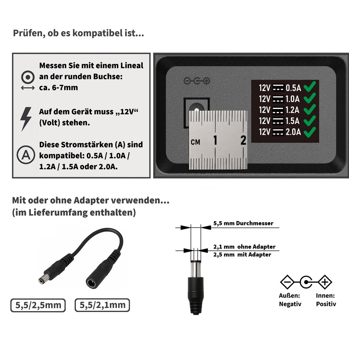GEQUDIO 12V 2A Netzteil Ladegerät für Kinder Elektroauto – Universal Adapter für LED-Streifen, Stoov Wärmekissen, Kamera, Router, Magenta TV Box – 100–240V Netzadapter 5,5x2,1mm 5,5x2,5mm