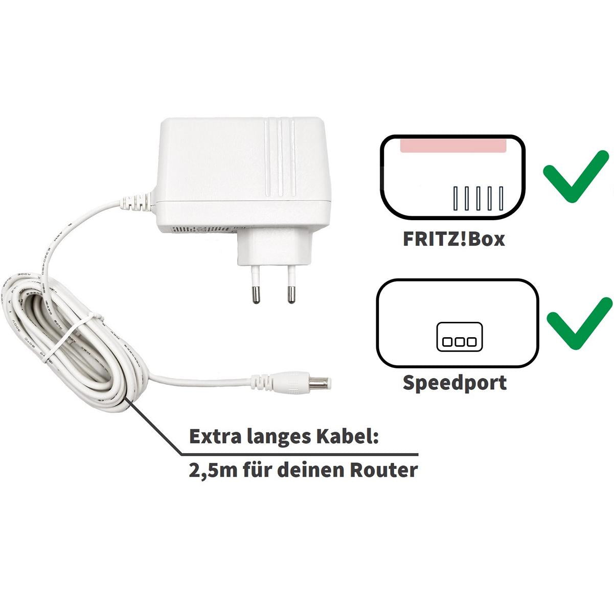 GEQUDIO GNX-42 Netzteil 12V / 3,5A kompatibel für alle AVM Fritzbox WLAN Router und Telekom Speedport Smart – Extra langes Kabel 2,5m – Passend weiß für Fritz Box 7590 DSL, Cable, LTE – Fritz!Box