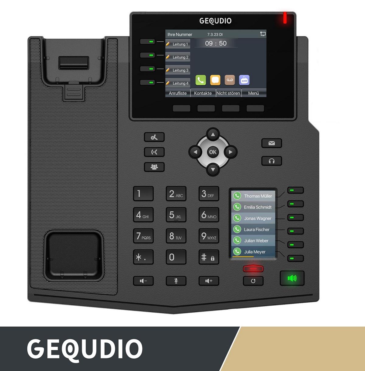 GEQUDIO IP Telefon GX5+ mit Netzteil & 2-Ohr Kabel-Headset - Fritzbox, Telekom kompatibel