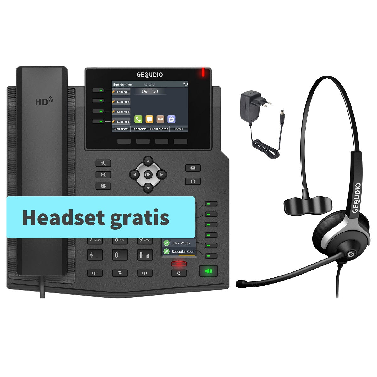 GEQUDIO IP Telefon GX5+ mit Netzteil & 1-Ohr Kabel-Headset - Fritzbox, Telekom kompatibel