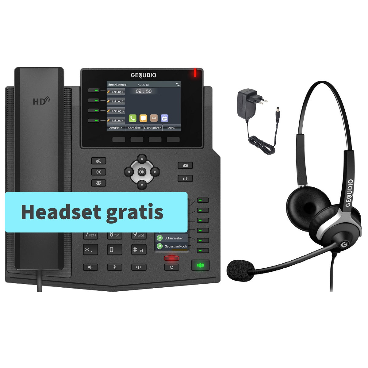 GEQUDIO IP Telefon GX5+ mit Netzteil & 2-Ohr Kabel-Headset - Fritzbox, Telekom kompatibel