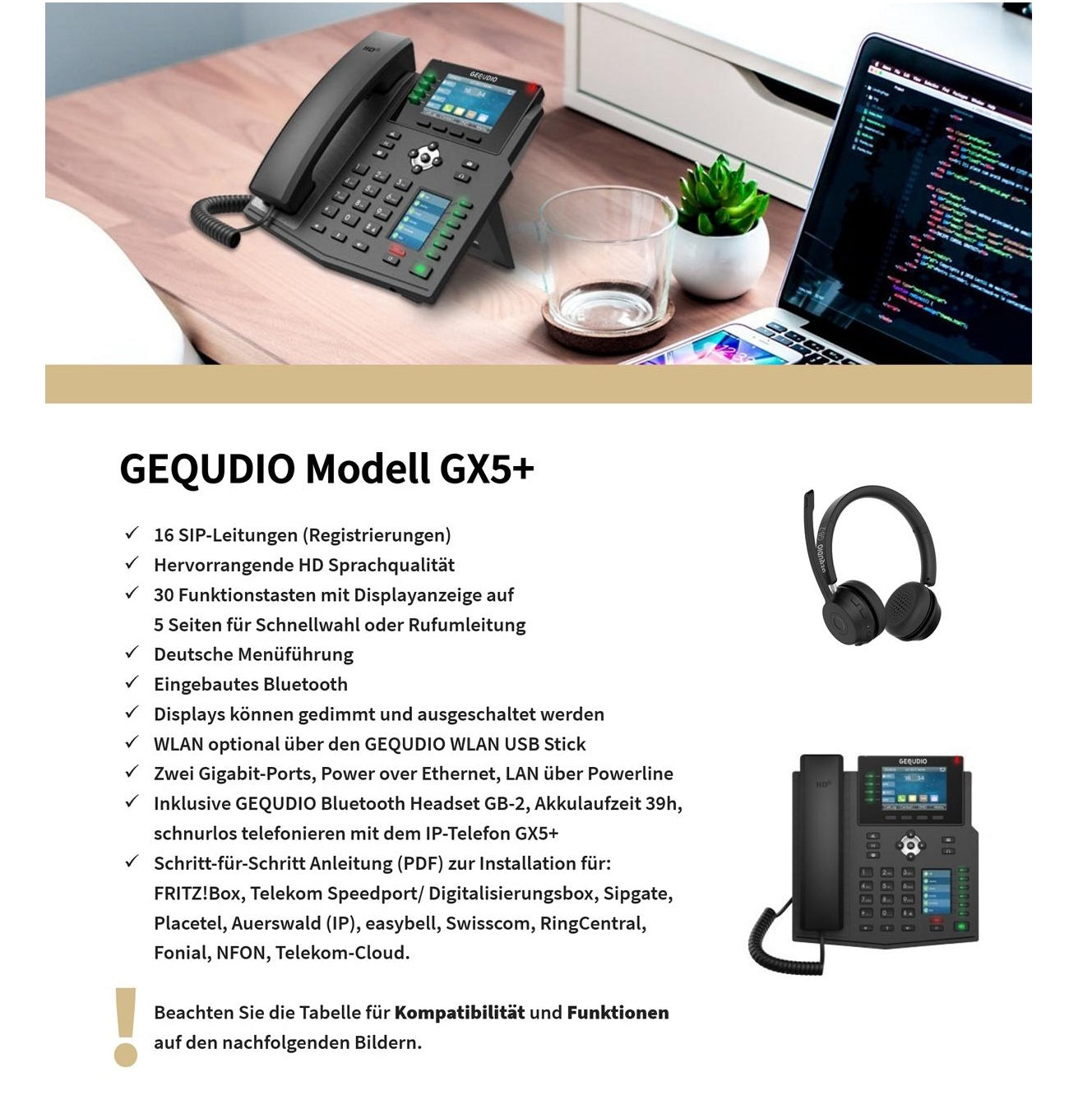 GEQUDIO IP Telefon GX5+ mit Netzteil & Bluetooth Headset - Fritzbox, Telekom kompatibel