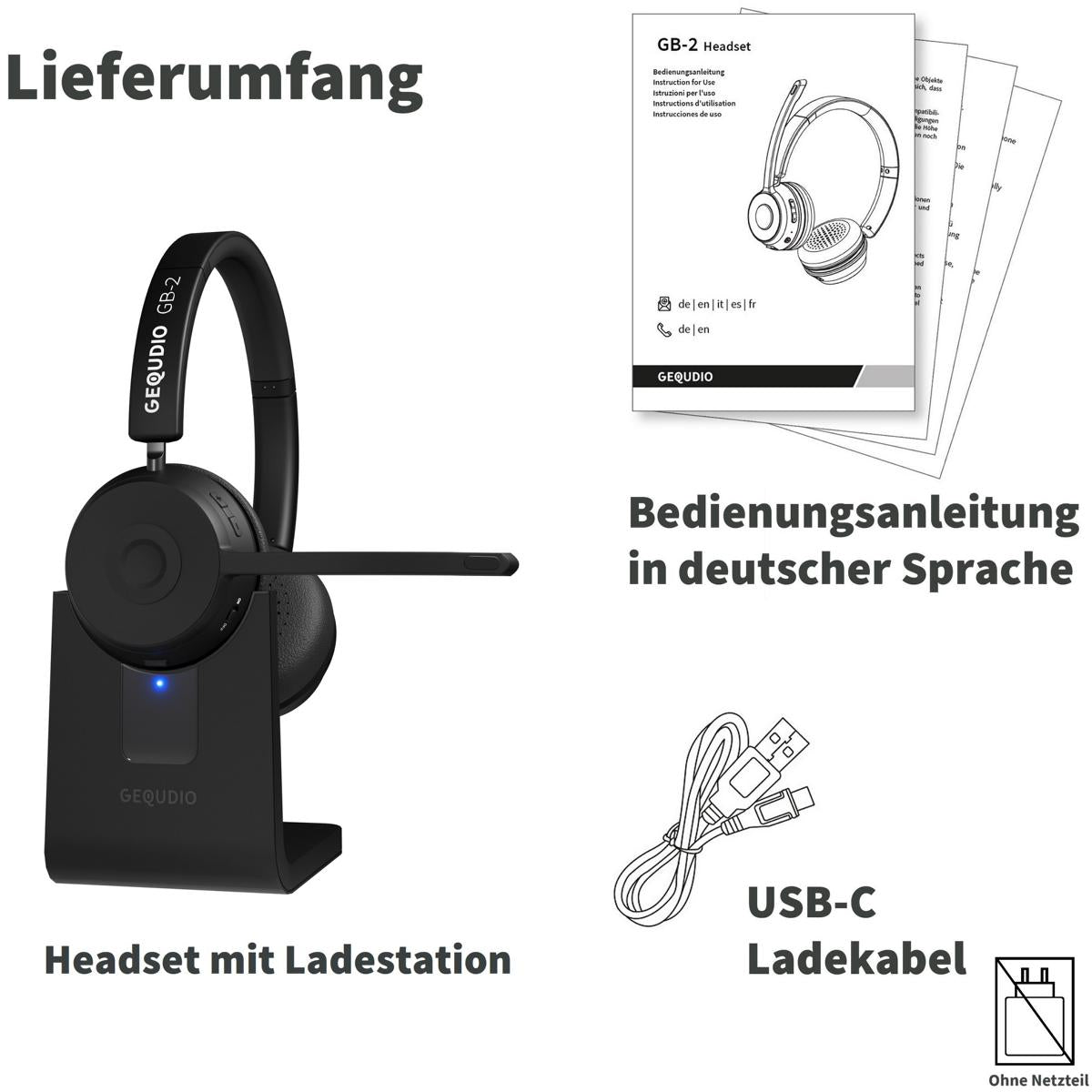 GEQUDIO Schnurlos Headset GB-2 mit Ladestation (ohne USB-Adapter)