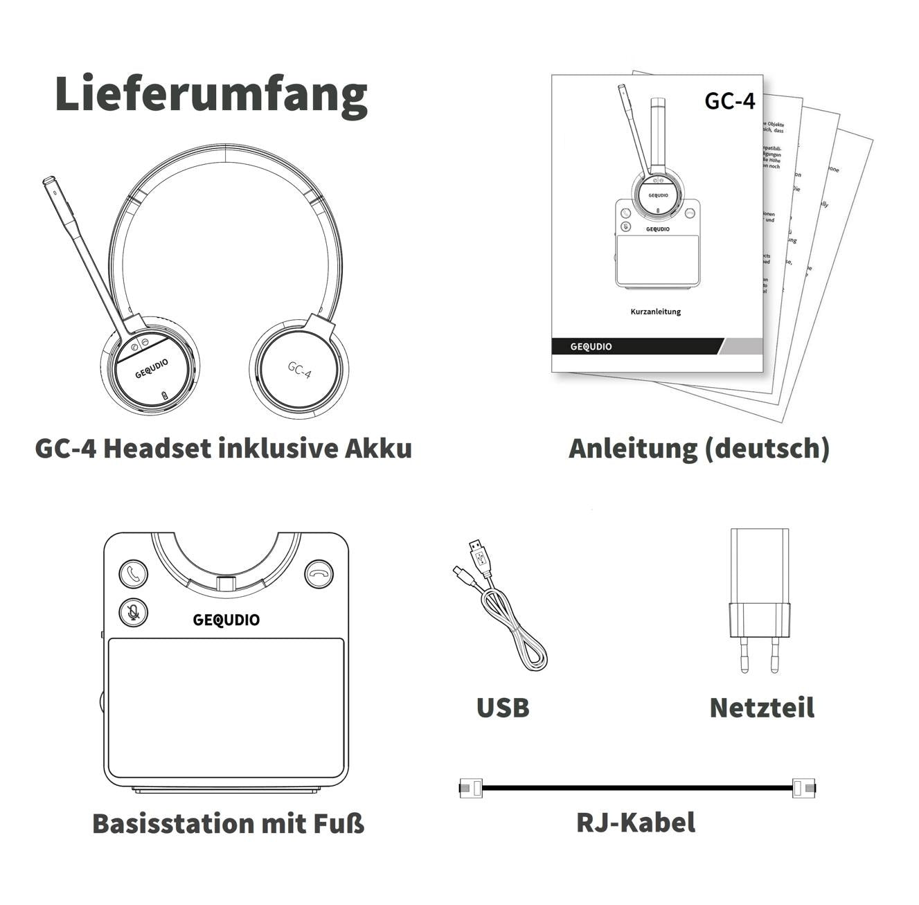 GEQUDIO GC-4 DECT und Bluetooth Dual Headset (2-Ohr) mit Active Noise-Cancelling