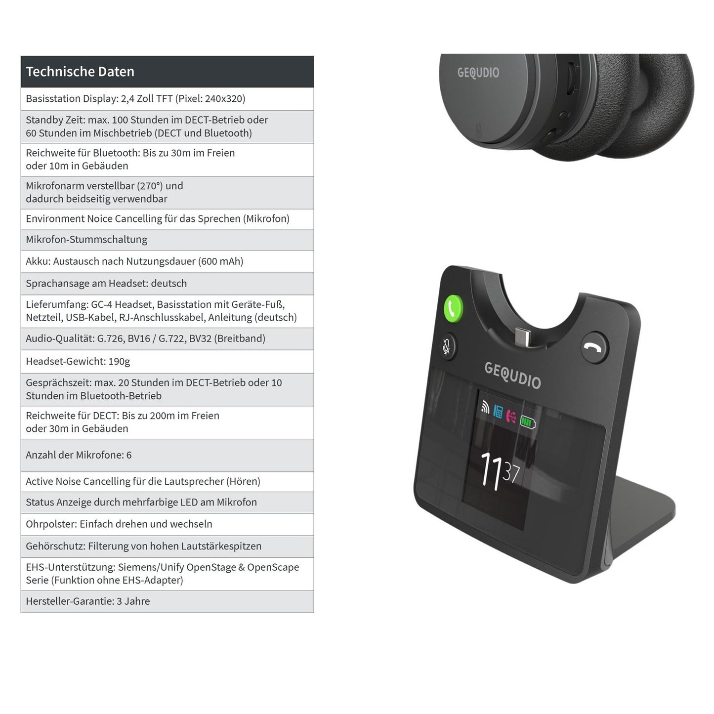 GEQUDIO GC-4 DECT und Bluetooth Dual Headset (2-Ohr) mit Active Noise-Cancelling