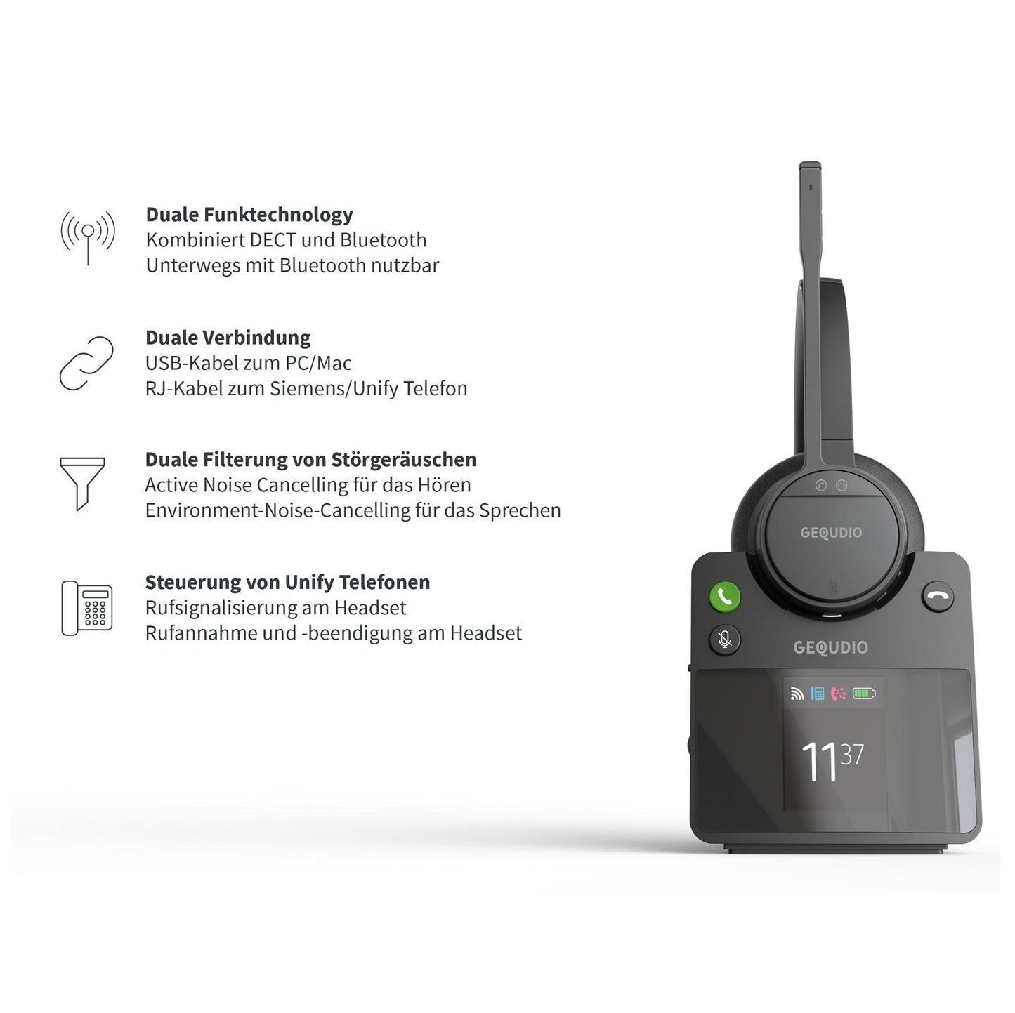 GEQUDIO GC-4 DECT und Bluetooth Dual Headset (2-Ohr) mit Active Noise-Cancelling