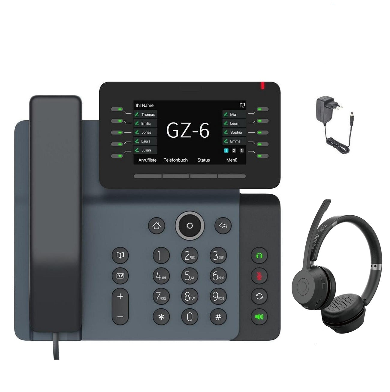 GEQUDIO IP Telefon GZ-6 mit Netzteil & Bluetooth Headset - Fritzbox, Telekom kompatibel