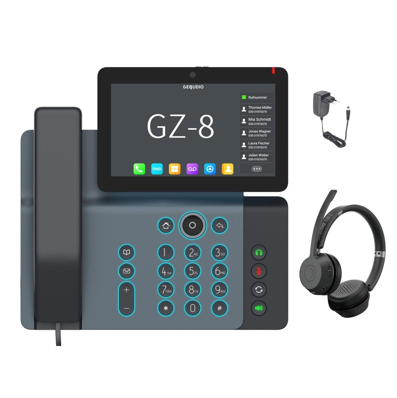 GEQUDIO High-End IP Telefon GZ-8 mit Netzteil & Bluetooth Headset - Fritzbox, Telekom kompatibel