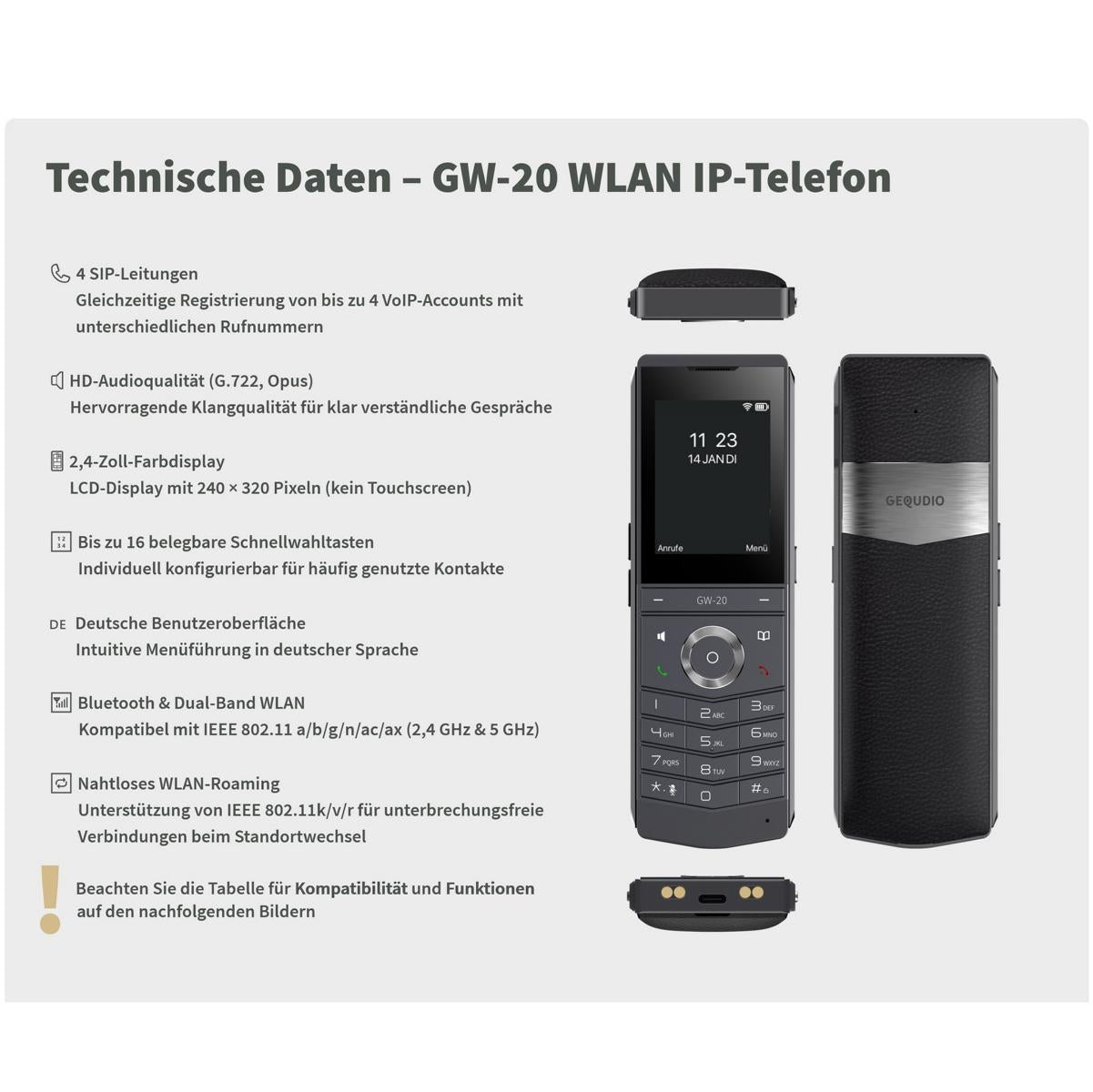 ⚠ B-WARE Kleine Kratzer ⚠ GEQUDIO IP Telefon schnurlos GW-20 mit Ladeschale für Fritzbox, Telekom, SIP kompatibel - Premium Freisprechen & Bluetooth - Dualband Wi-Fi 6 mit WLAN Roaming IP67 wasserdicht