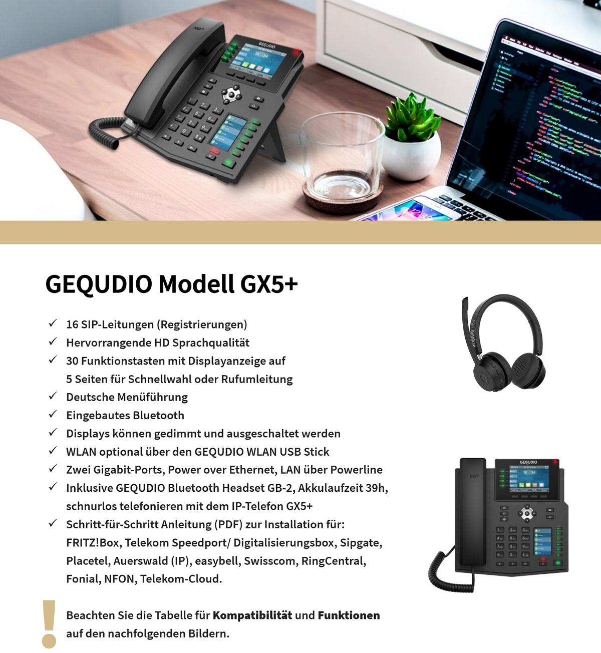 GEQUDIO IP Telefon GX5+ mit Netzteil & Bluetooth Headset - Fritzbox, Telekom kompatibel