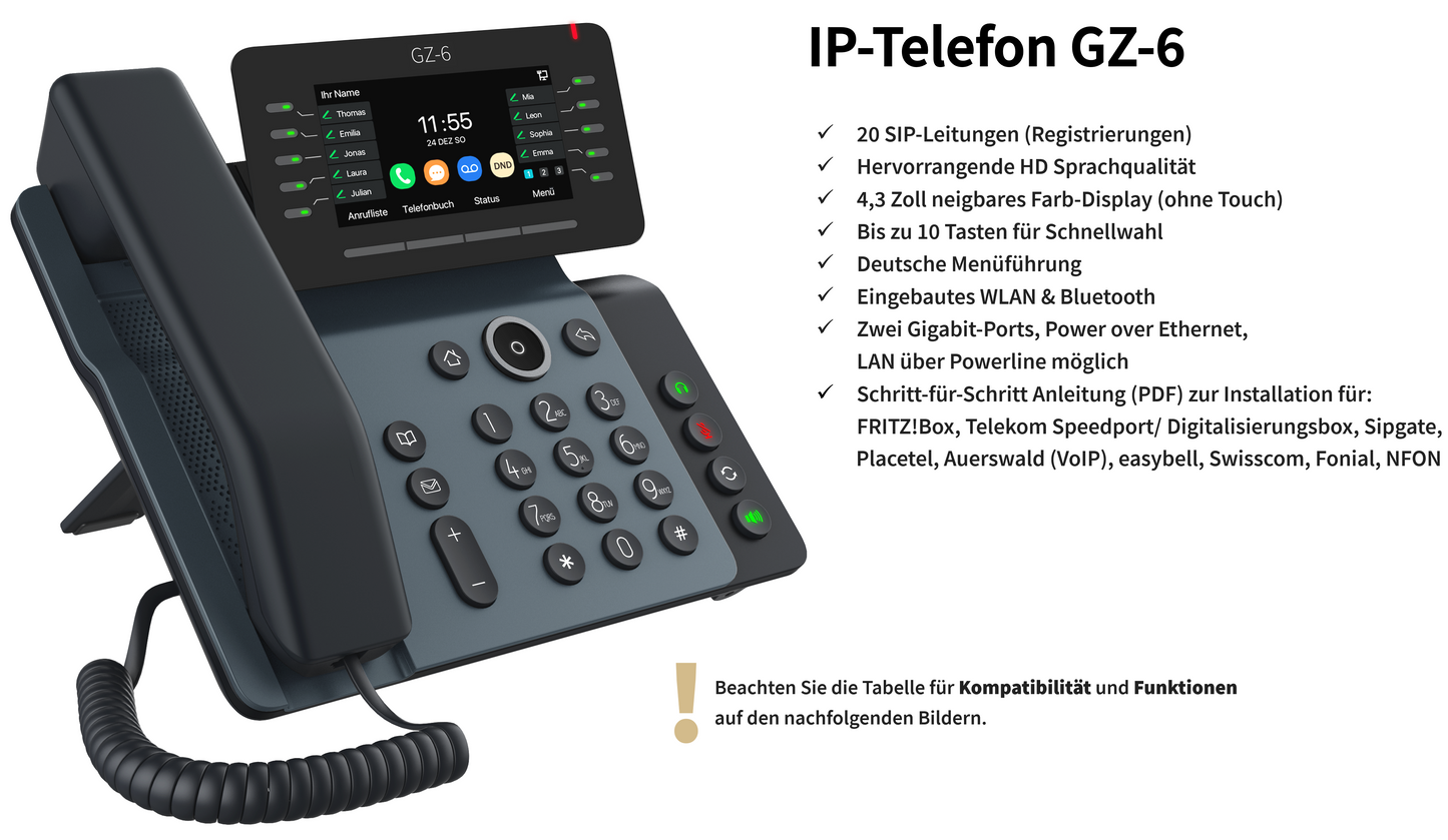 GEQUDIO IP Telefon GZ-6 mit Netzteil - Fritzbox, Telekom kompatibel