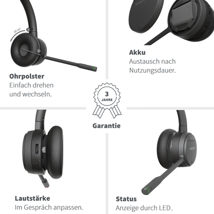 GEQUDIO GC-4 DECT und Bluetooth Dual Headset (2-Ohr) mit Active Noise-Cancelling