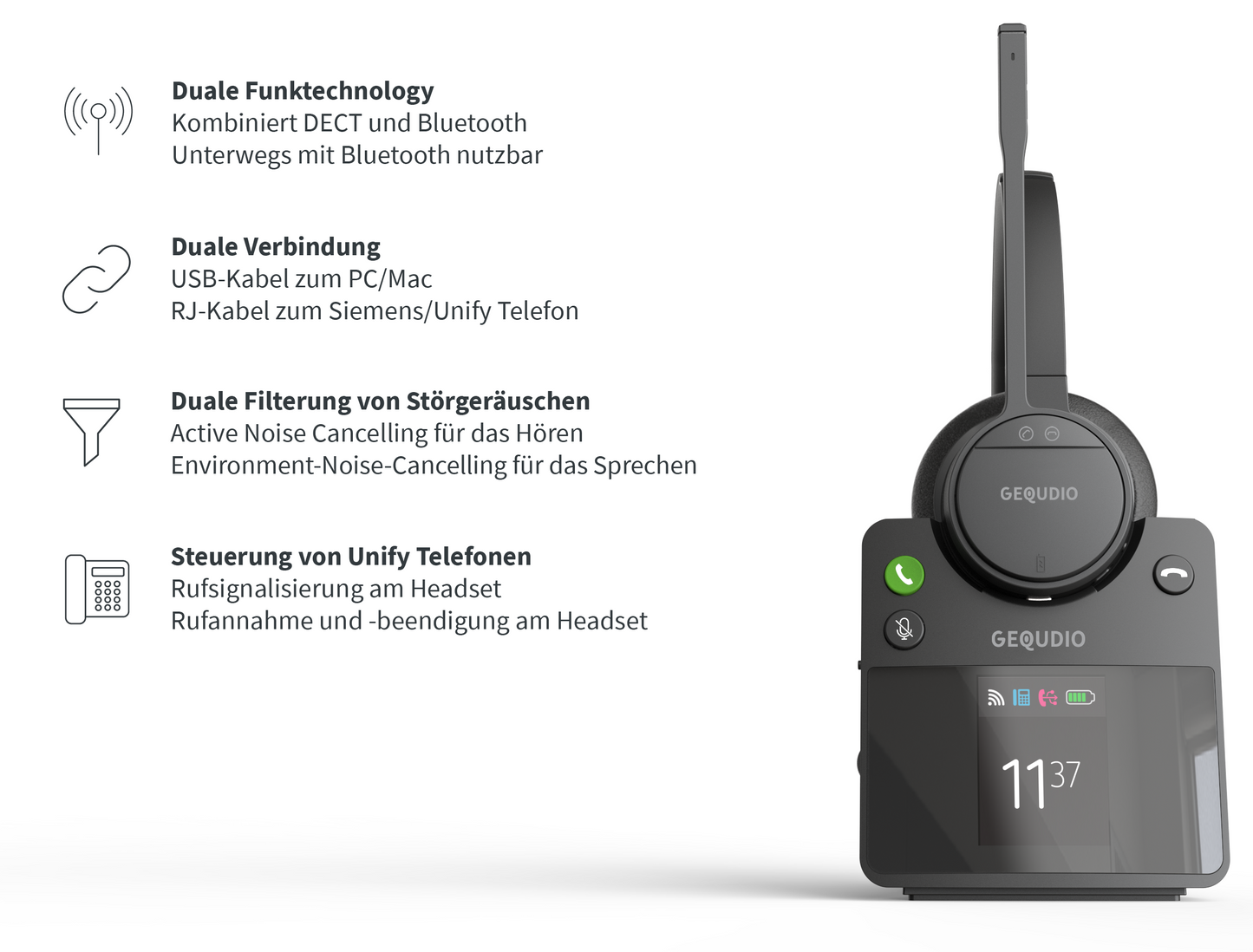 GEQUDIO GC-4 DECT und Bluetooth Dual Headset (2-Ohr) mit Active Noise-Cancelling