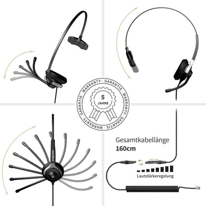 GEQUDIO Headset kompatibel mit Yealink, Snom, Avaya, Grandstream Telefon (1-Ohr)