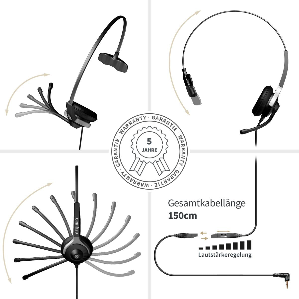 GEQUDIO Headset mit 2,5mm Klinke kompatibel mit Gigaset, Panasonic DECT Schnurlostelefon (1-Ohr)