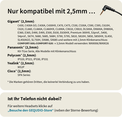 GEQUDIO Headset mit 2,5mm Klinke kompatibel mit Gigaset, Panasonic DECT Schnurlostelefon (1-Ohr)