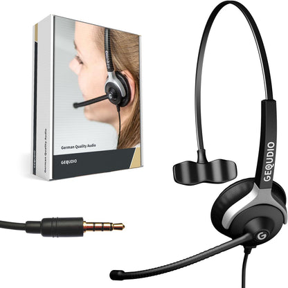 GEQUDIO Headset mit 3,5mm Klinke kompatibel mit FritzFon C6, X6, MacBook, Smartphone, Speedphone, Notebook, PC, Laptop (1-Ohr)