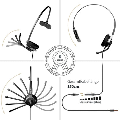 GEQUDIO Headset mit 3,5mm Klinke kompatibel mit FritzFon C6, X6, MacBook, Smartphone, Speedphone, Notebook, PC, Laptop (1-Ohr)