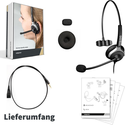 GEQUDIO Headset mit 3,5mm Klinke kompatibel mit FritzFon C6, X6, MacBook, Smartphone, Speedphone, Notebook, PC, Laptop (1-Ohr)