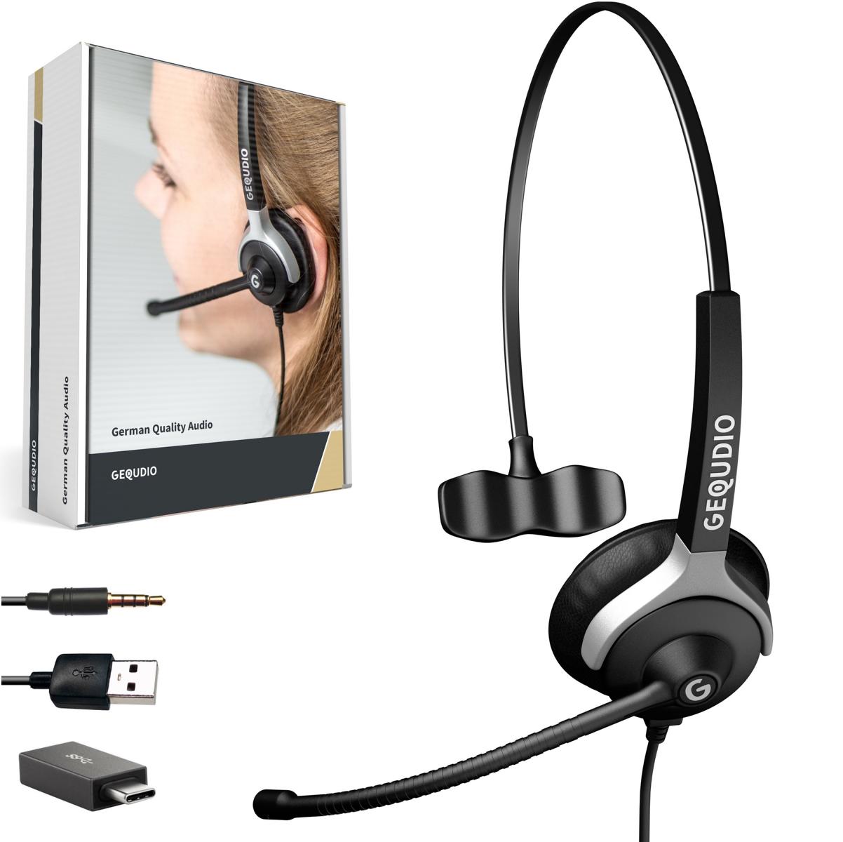 GEQUDIO [3in1] Business Headset mit USB-A, USB-C und 3,5mm Klinke kompatibel mit PC, Mac und Smartphone (1-Ohr)