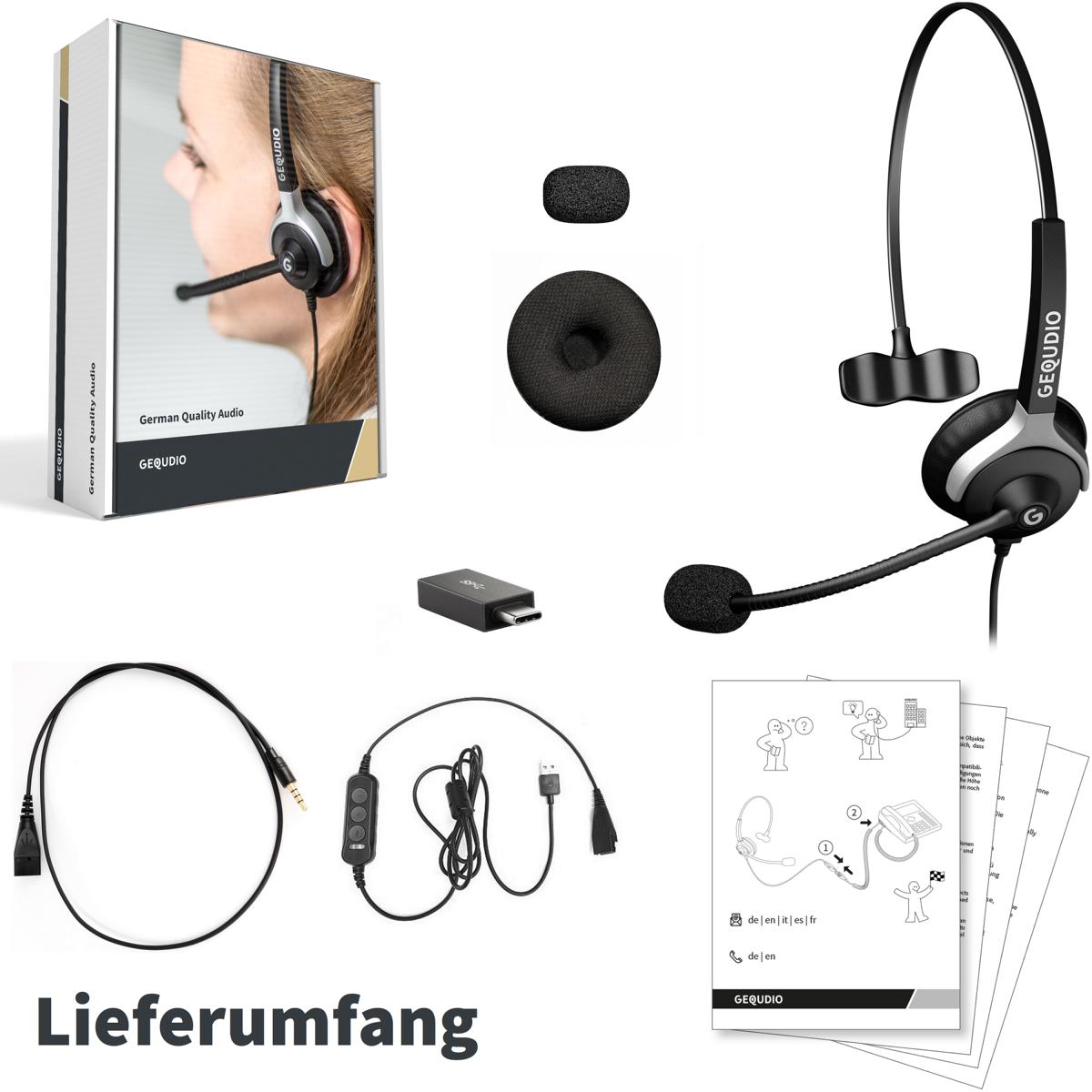 GEQUDIO [3in1] Business Headset mit USB-A, USB-C und 3,5mm Klinke kompatibel mit PC, Mac und Smartphone (1-Ohr)