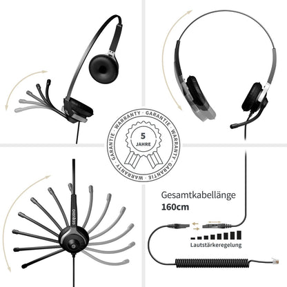 GEQUDIO Headset kompatibel mit Yealink, Snom, Avaya, Grandstream Telefon (2-Ohr)