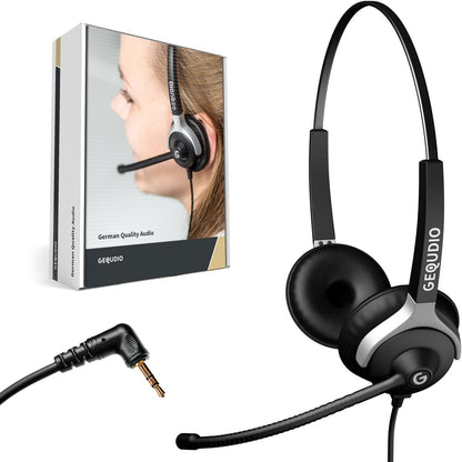 GEQUDIO Headset mit 2,5mm Klinke kompatibel mit Gigaset, Panasonic DECT Schnurlostelefon (2-Ohr)