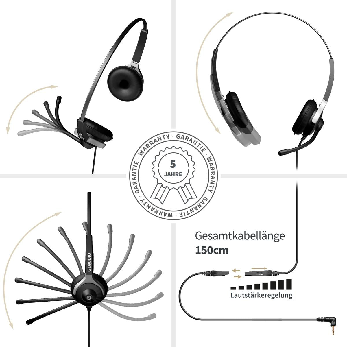 GEQUDIO Headset mit 2,5mm Klinke kompatibel mit Gigaset, Panasonic DECT Schnurlostelefon (2-Ohr)