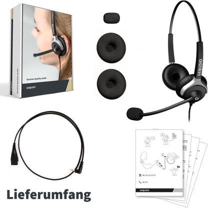 GEQUDIO Headset mit 2,5mm Klinke kompatibel mit Gigaset, Panasonic DECT Schnurlostelefon (2-Ohr)