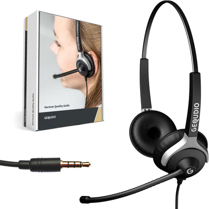 GEQUDIO Headset mit 3,5mm Klinke kompatibel mit FritzFon C6, X6, MacBook, Smartphone, Speedphone, Notebook, PC, Laptop (2-Ohr)