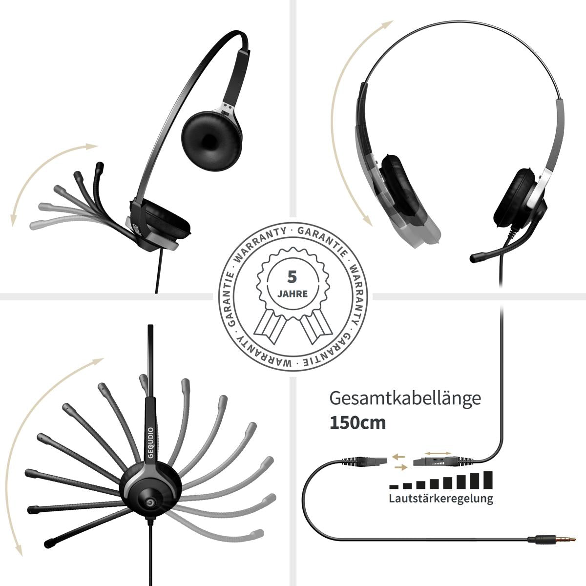 GEQUDIO Headset mit 3,5mm Klinke kompatibel mit FritzFon C6, X6, MacBook, Smartphone, Speedphone, Notebook, PC, Laptop (2-Ohr)