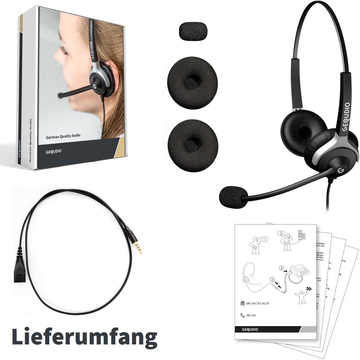 GEQUDIO Headset mit 3,5mm Klinke kompatibel mit FritzFon C6, X6, MacBook, Smartphone, Speedphone, Notebook, PC, Laptop (2-Ohr)