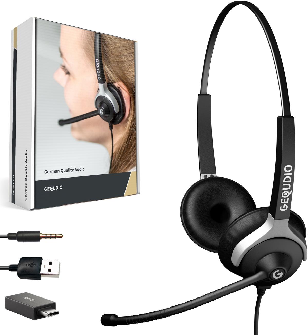 GEQUDIO [3in1] Business Headset mit USB-A, USB-C und 3,5mm Klinke kompatibel mit PC, Mac und Smartphone (2-Ohr)