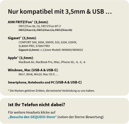 GEQUDIO [3in1] Business Headset mit USB-A, USB-C und 3,5mm Klinke kompatibel mit PC, Mac und Smartphone (2-Ohr)