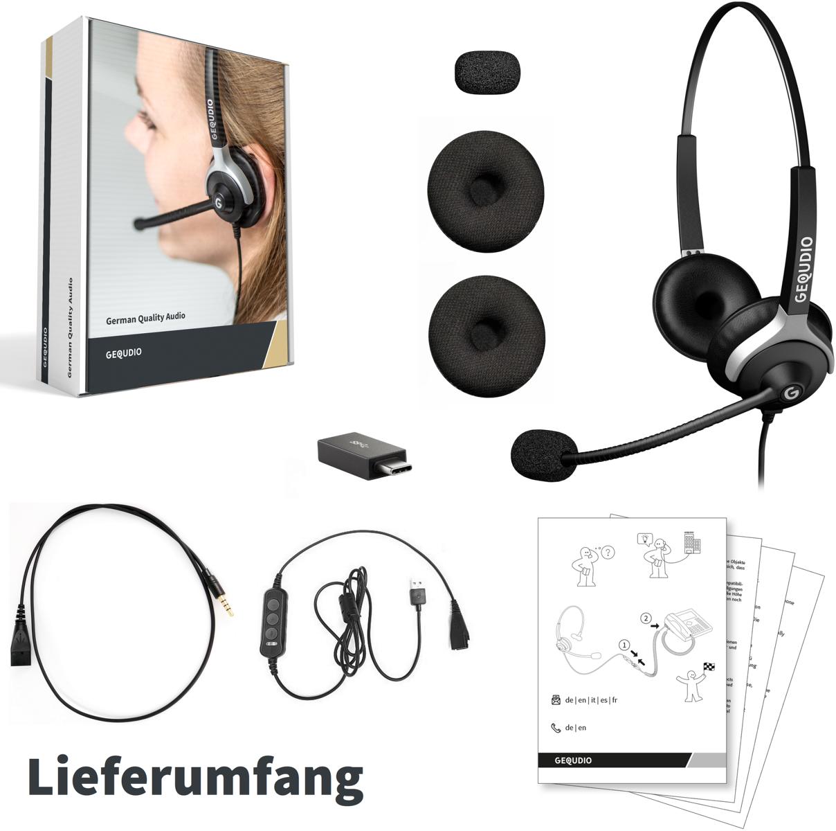 GEQUDIO [3in1] Business Headset mit USB-A, USB-C und 3,5mm Klinke kompatibel mit PC, Mac und Smartphone (2-Ohr)