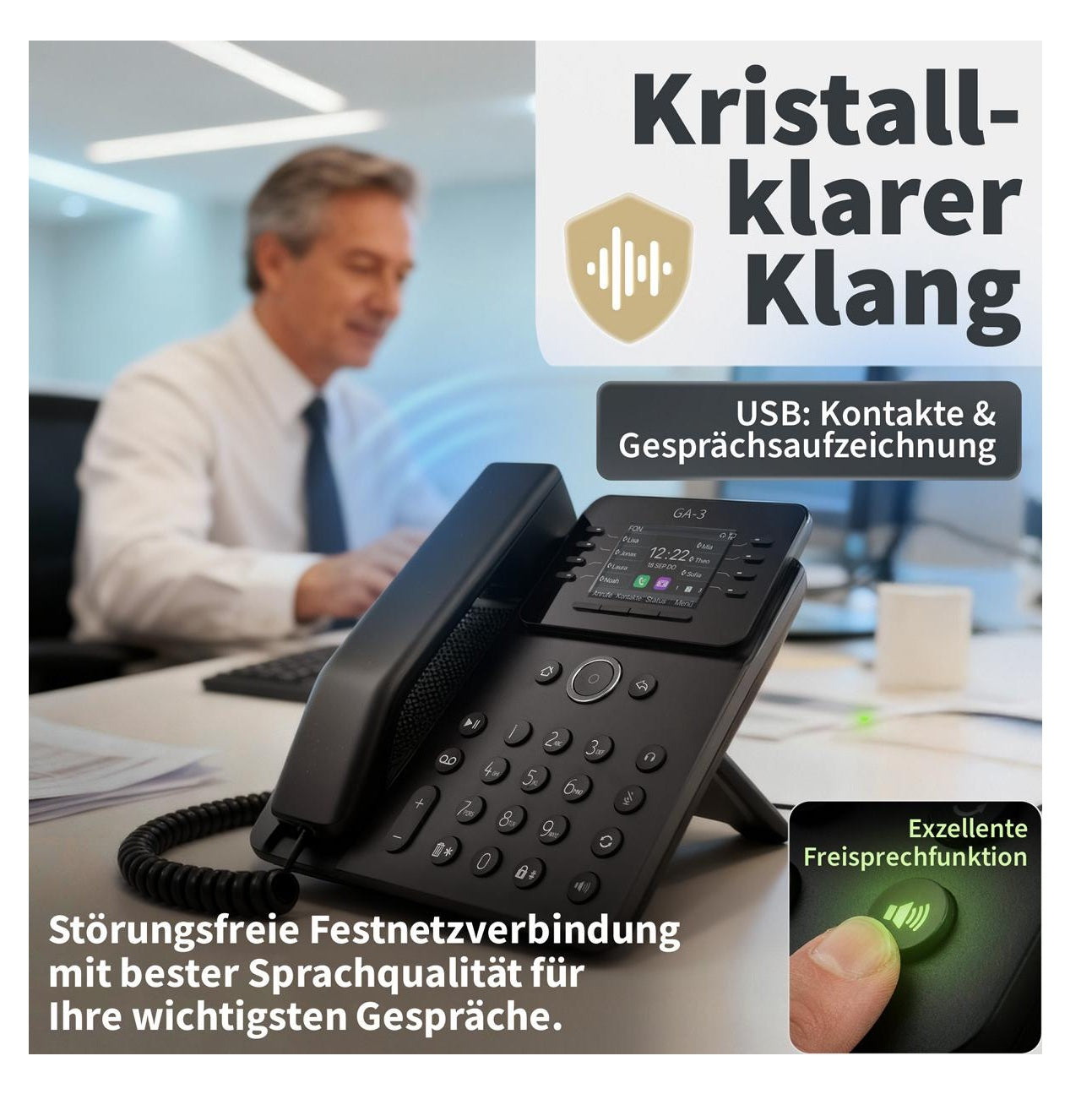 GEQUDIO GA-3 Telefon mit Anrufbeantworter - Schnurgebundenes Festnetztelefon Freisprechfunktion & Farbdisplay - Deutsche Anleitung für Router TAE oder FON Anschluss [Deutsche Version]