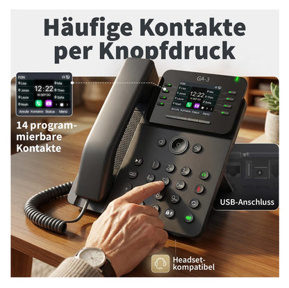 GEQUDIO GA-3 Telefon mit Anrufbeantworter - Schnurgebundenes Festnetztelefon Freisprechfunktion & Farbdisplay - Deutsche Anleitung für Router TAE oder FON Anschluss [Deutsche Version]