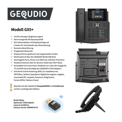 GEQUDIO IP Telefon GX5+ mit Netzteil & Bluetooth Headset - Fritzbox, Telekom kompatibel