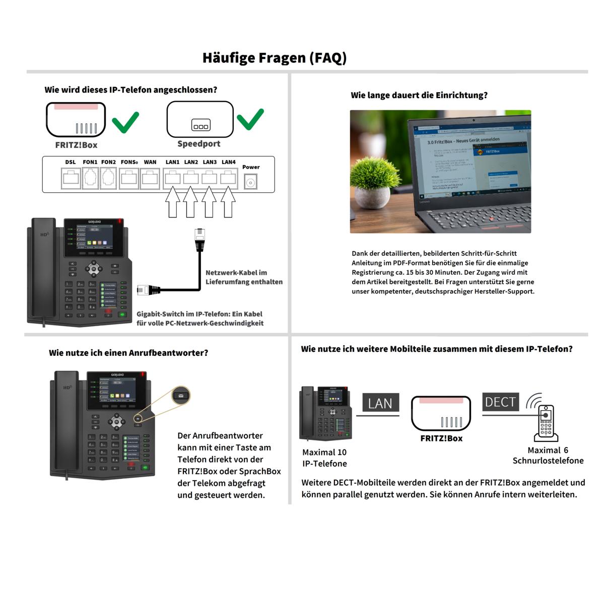 GEQUDIO IP Telefon GX5+ mit Netzteil & Bluetooth Headset - Fritzbox, Telekom kompatibel