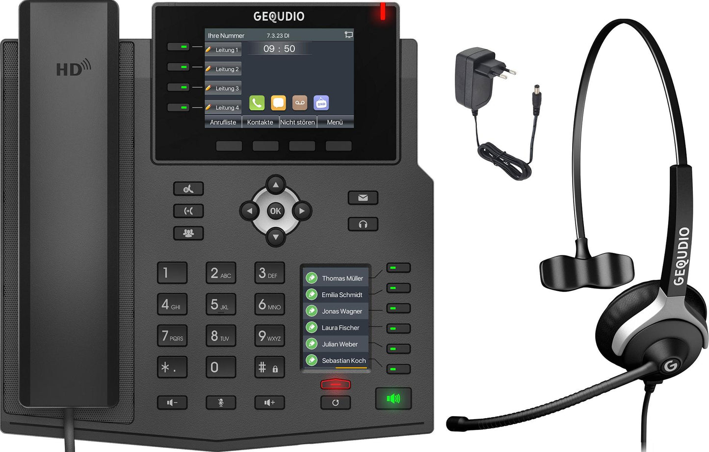 GEQUDIO IP Telefon GX5+ mit Netzteil & 1-Ohr Kabel-Headset - Fritzbox, Telekom kompatibel