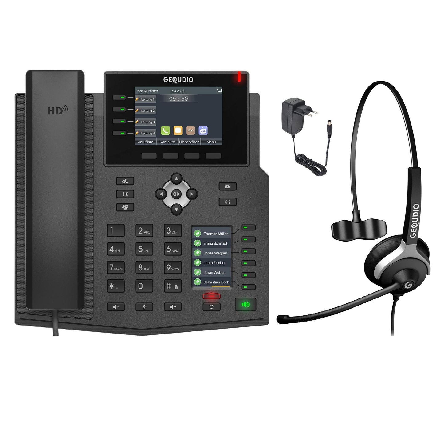 GEQUDIO IP Telefon GX5+ mit Netzteil & 1-Ohr Kabel-Headset - Fritzbox, Telekom kompatibel