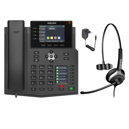 GEQUDIO IP Telefon GX5+ mit Netzteil & 1-Ohr Kabel-Headset - Fritzbox, Telekom kompatibel