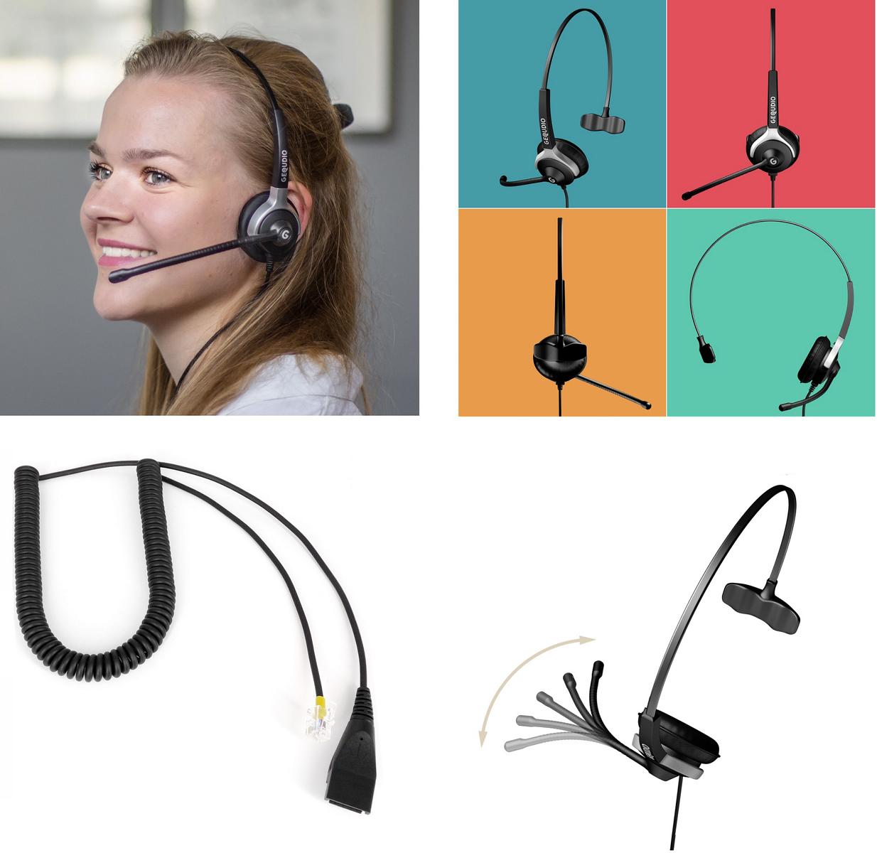 GEQUDIO IP Telefon GX5+ mit Netzteil & 1-Ohr Kabel-Headset - Fritzbox, Telekom kompatibel