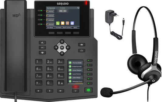 GEQUDIO IP Telefon GX5+ mit Netzteil & 2-Ohr Kabel-Headset - Fritzbox, Telekom kompatibel