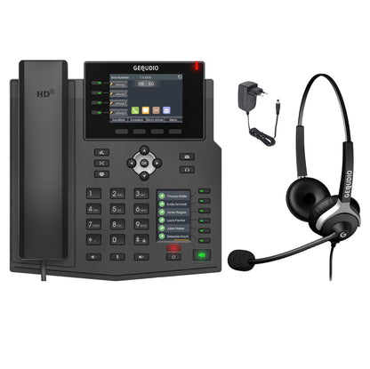 GEQUDIO IP Telefon GX5+ mit Netzteil & 2-Ohr Kabel-Headset - Fritzbox, Telekom kompatibel