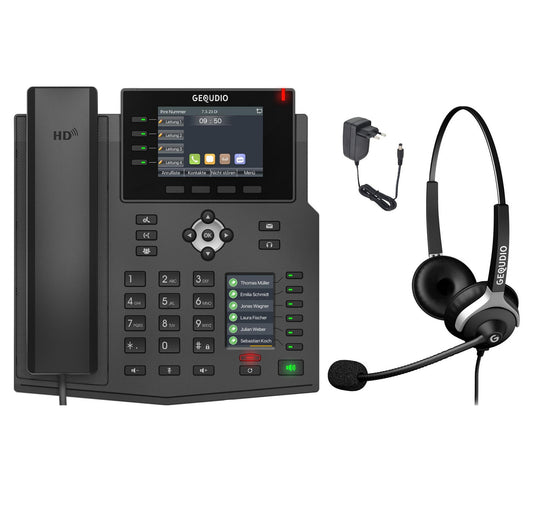 GEQUDIO IP Telefon GX5+ mit Netzteil & 2-Ohr Kabel-Headset - Fritzbox, Telekom kompatibel