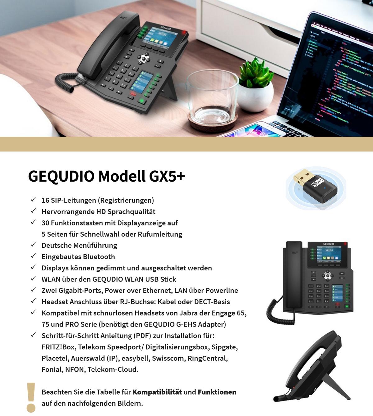 GEQUDIO IP Telefon GX5+ mit Netzteil & WLAN Stick - Fritzbox, Telekom kompatibel